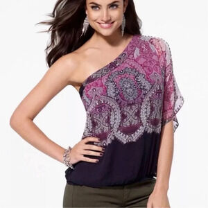 New Cache One Shoulder 100% Silk Embellished Top Paisley Print Size Small Beaded